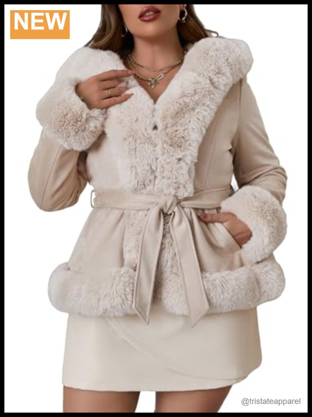 Women's Plus Size Faux Fur Hooded Belted Fleece Lined Winter Coat 1X-5X